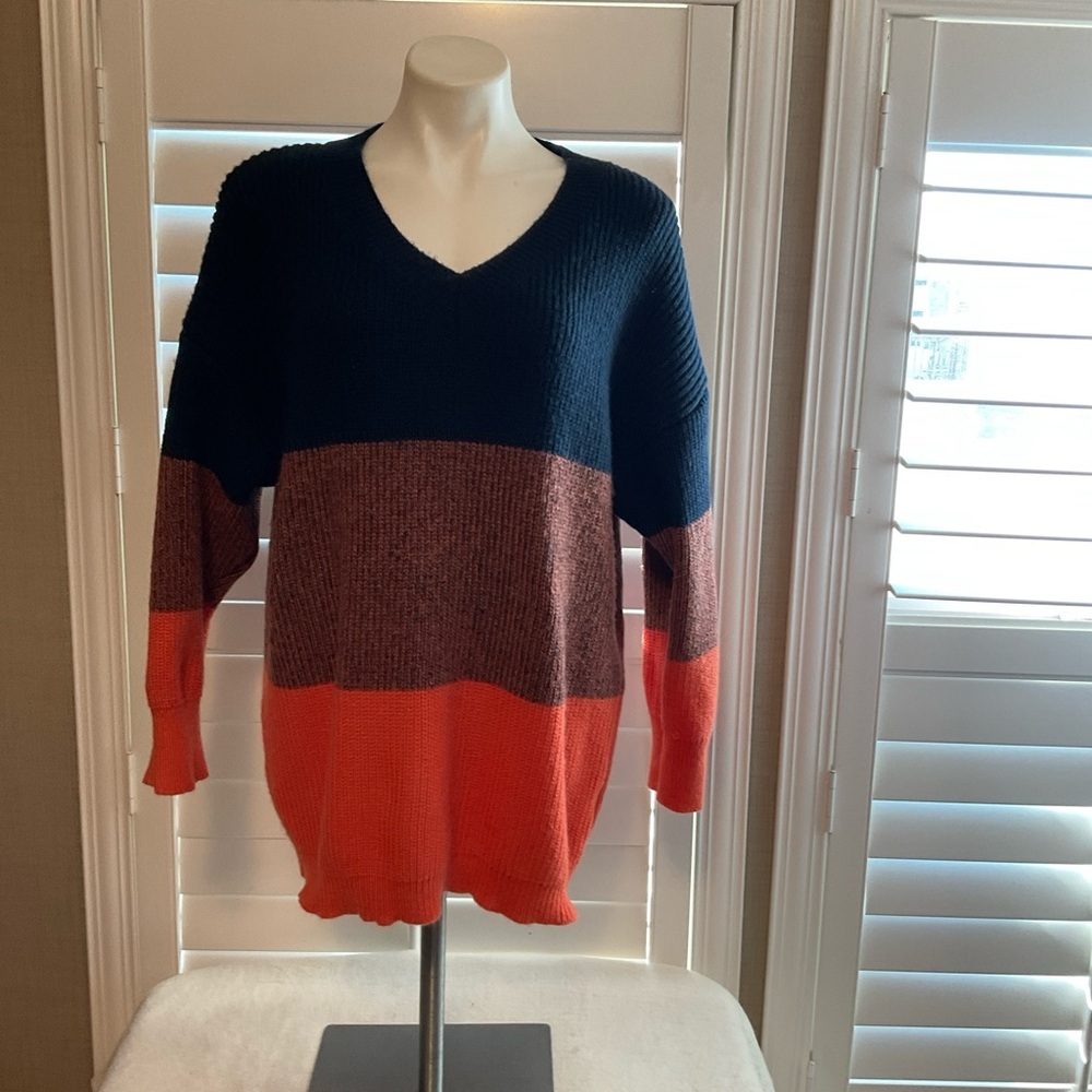 SHEIN Colorblock V-Neck Sweater in Navy, Brown & Orange